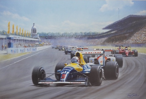 Three motor racing colour prints including, 'Off to Victory' by Tony Smith, limited edition 69/600 and ‘Nigel Mansell OBE - World Champion’ by Alan Fearnley, limited edition 681/850, all signed in pencil, largest 47 x 63